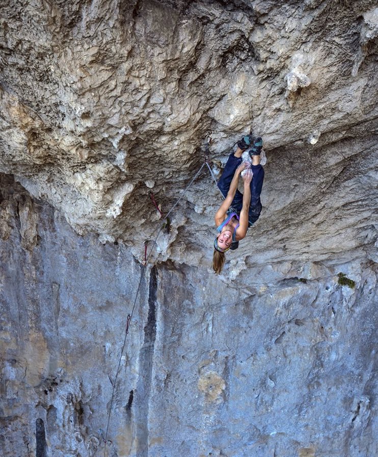 Emilie on the onsight of an unnamed 8a route in Lion Cave, MaShan, China. Photo by Jan Novak