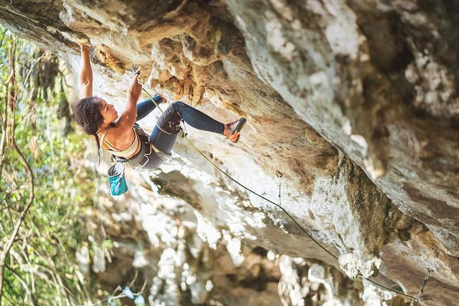 Genevive demonstrating her steep-roof stamina on an unnamed 5.11d (7a) in a newly developed area outside of Vinales, Cuba. © D Scott Clark
