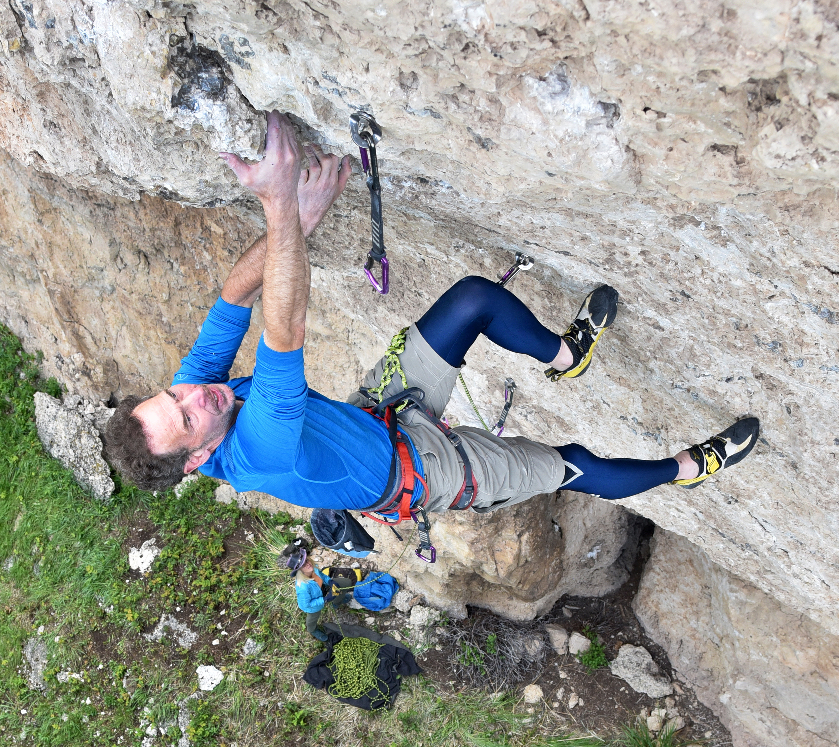 Eric on the first ascent of "The Scarn" (5.12b), Ten Sleep Canyon, WY. Photo: Eric Hörst collection