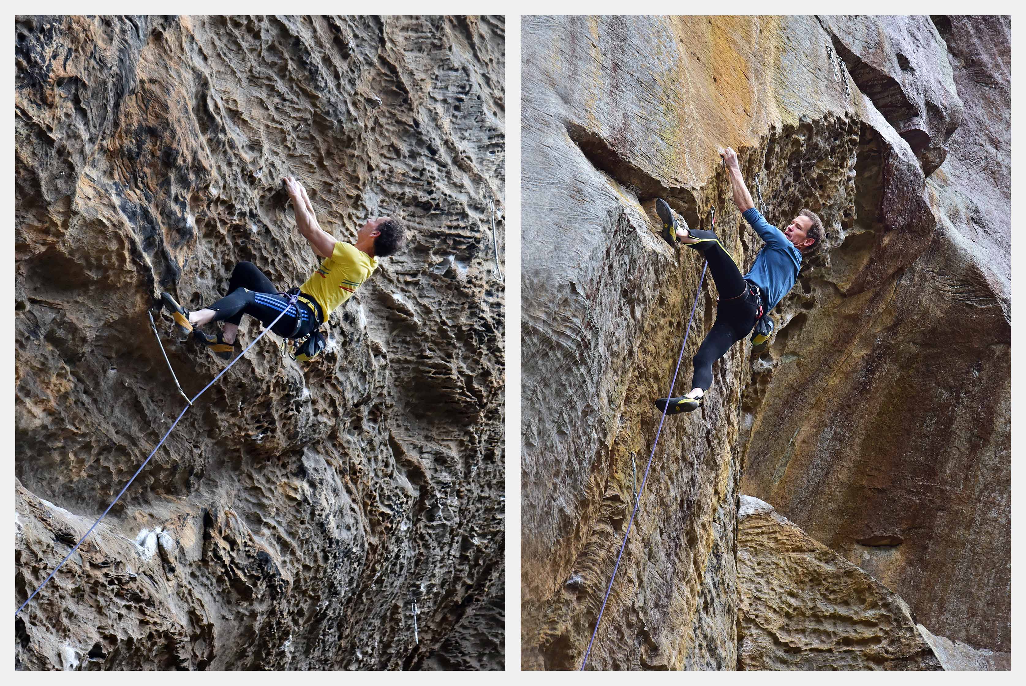 Eric (putting his power endurance to the test on Calm like a Bomb (5.13a), Red River Gorge (left) And on the bouldery Molten (5.13d), Red River Gorge (right). Photos: Eric Hörst collection