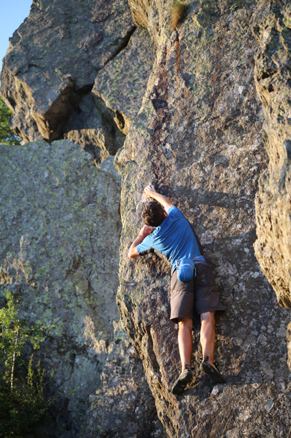 James McHaffie nearing the end of his incredible day's climbing on Reward (E2 5c), Castle Rock © Adam Hocking